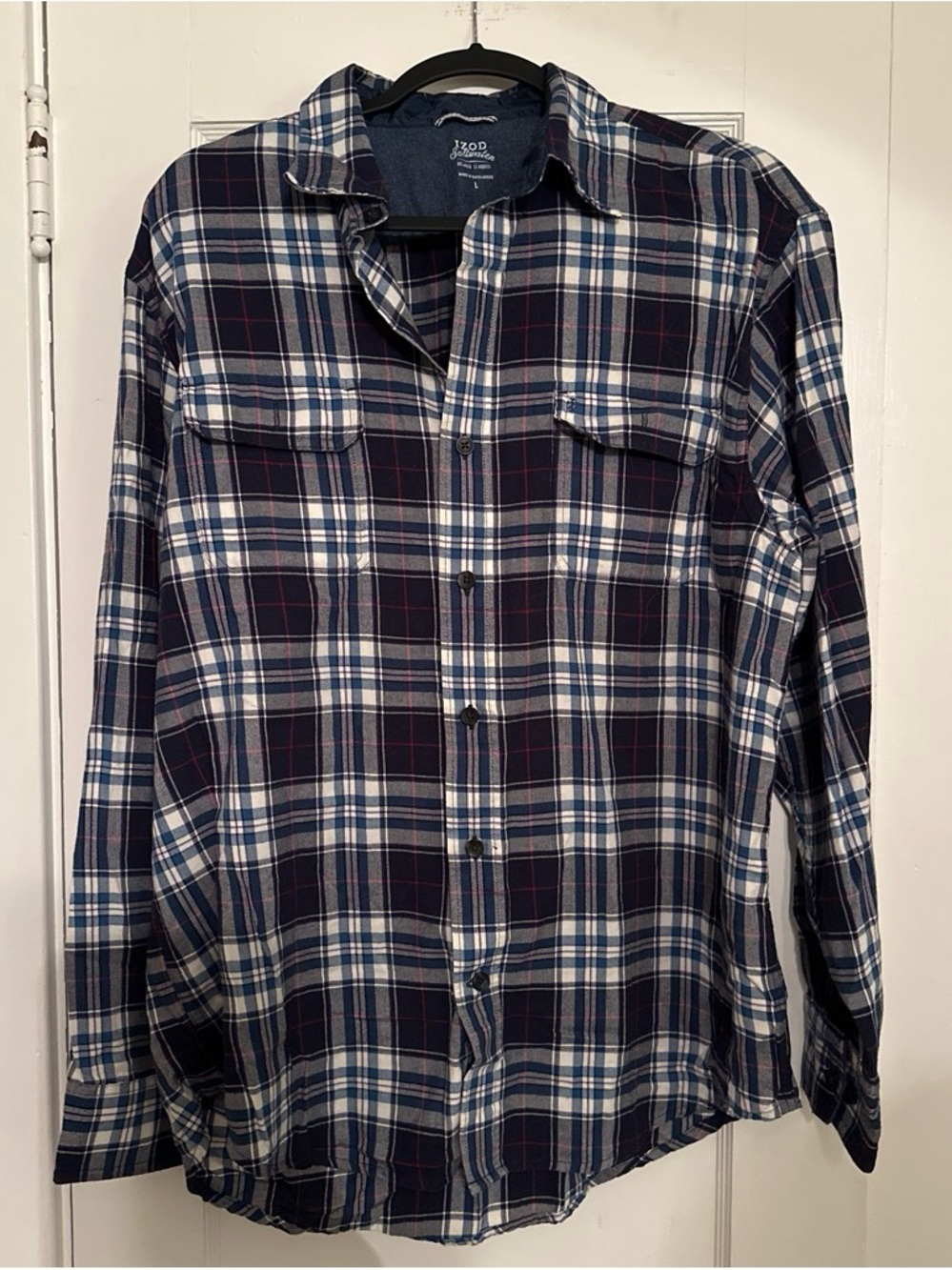 Izod Men’s Navy and White Plaid Button-Down Shirt